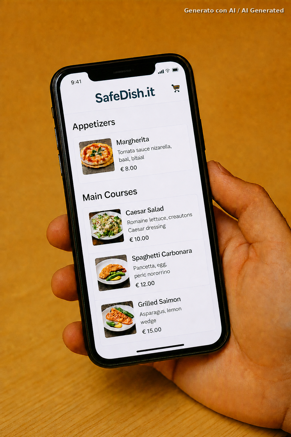 Menu digitale SafeDish sullo smartphone con piatti e prezzi
