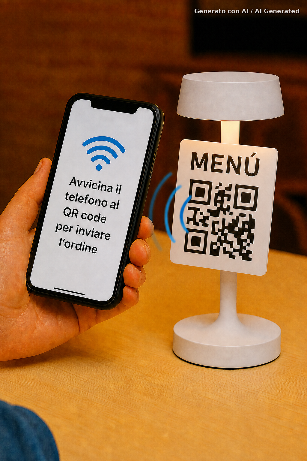 Telefono avvicinato al tag NFC per inviare l'ordine